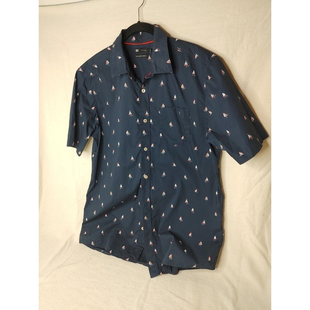 Le 31 Par Simons Blue Short Sleeve Button Up Shirt Men's L Nautical Boat Print‎